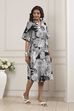 Black Cotton Poplin Floral Printed Flared Dress image number 4