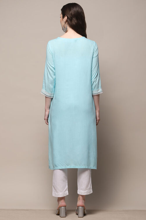 Aqua Blue Cotton Straight Kurta image number 3