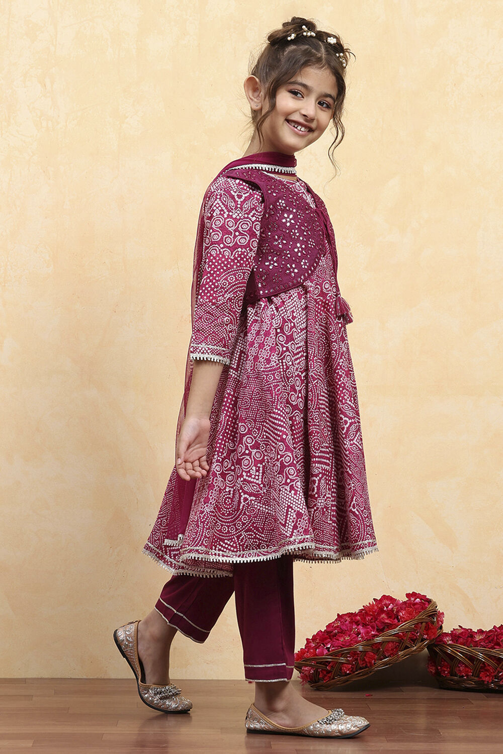 Purple Cotton Printed Anarkali Suit Set image number 5