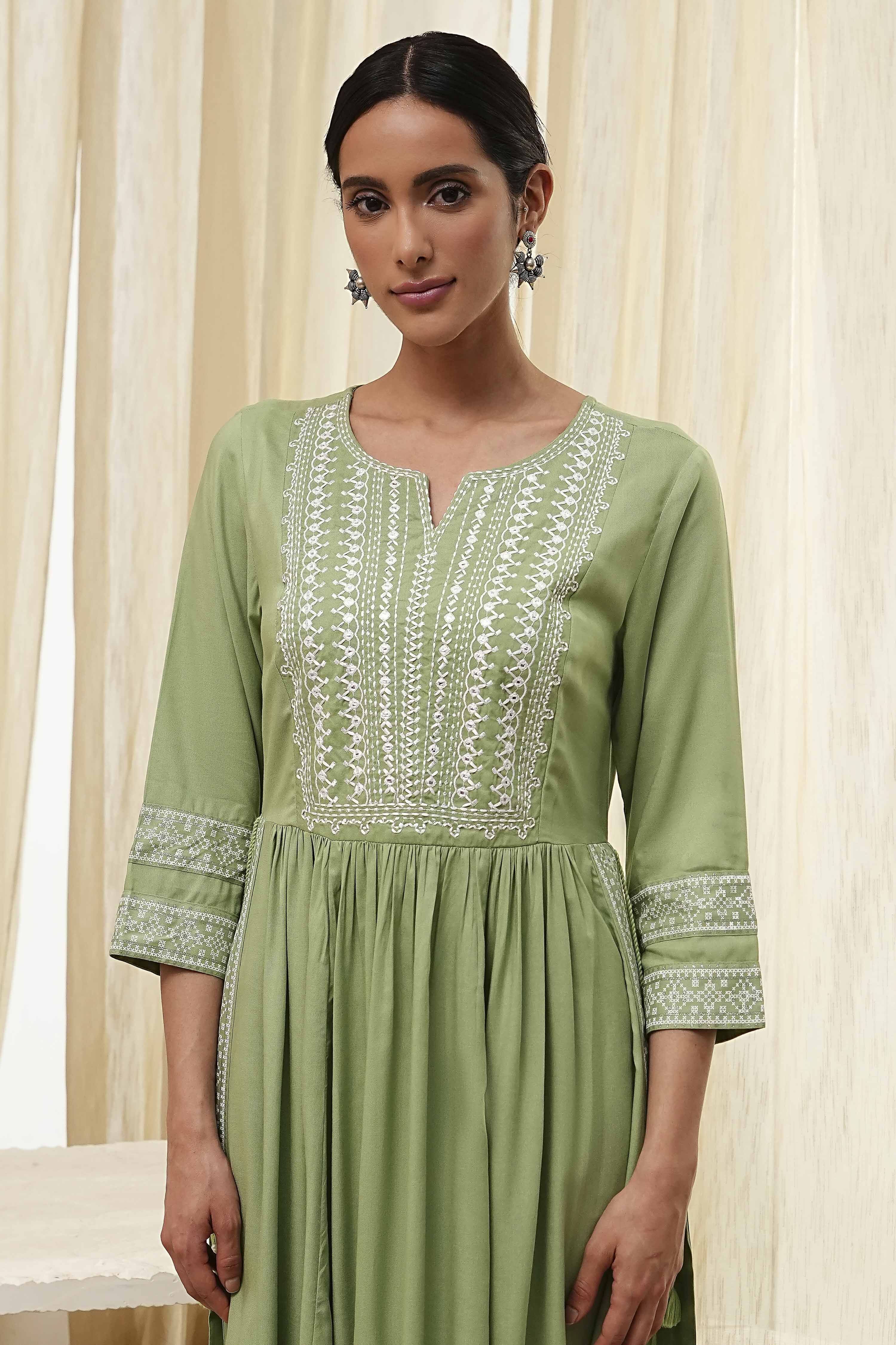 Olive Green Embroidered Gathered Suit Set image number 1