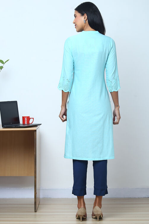 Mint Green Cotton Flax Straight Kurta image number 6