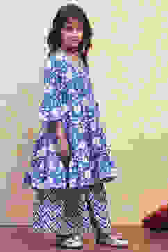 Navy Blue Cotton Angrakha Tiered Kurta Set image number 5