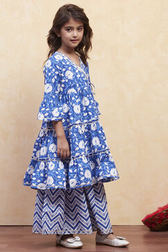 Navy Blue Cotton Angrakha Tiered Kurta Set image number 5