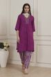 Purple Printed Straight Suit Set image number 6