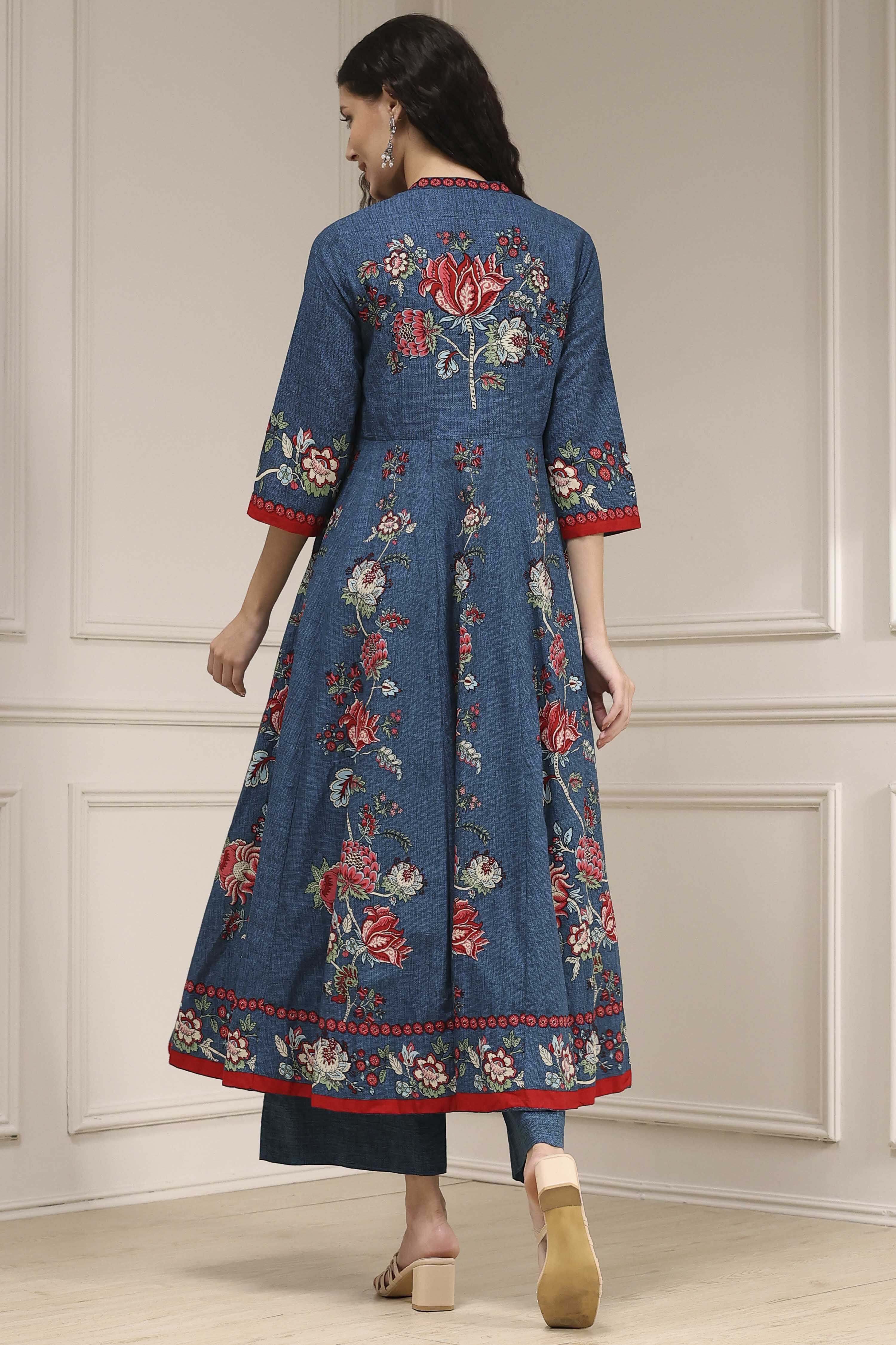 Blue Cotton Printed Anarkali Suit Set image number 4