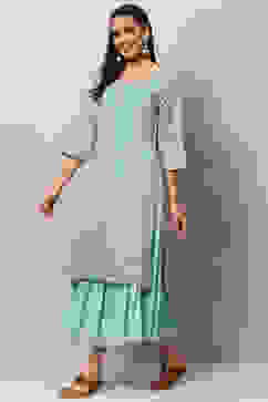 Sky Blue Art Silk Double Layered Kurta image number 3