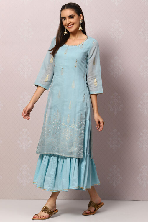 Sky Blue Art Silk Double Layered Kurta image number 3