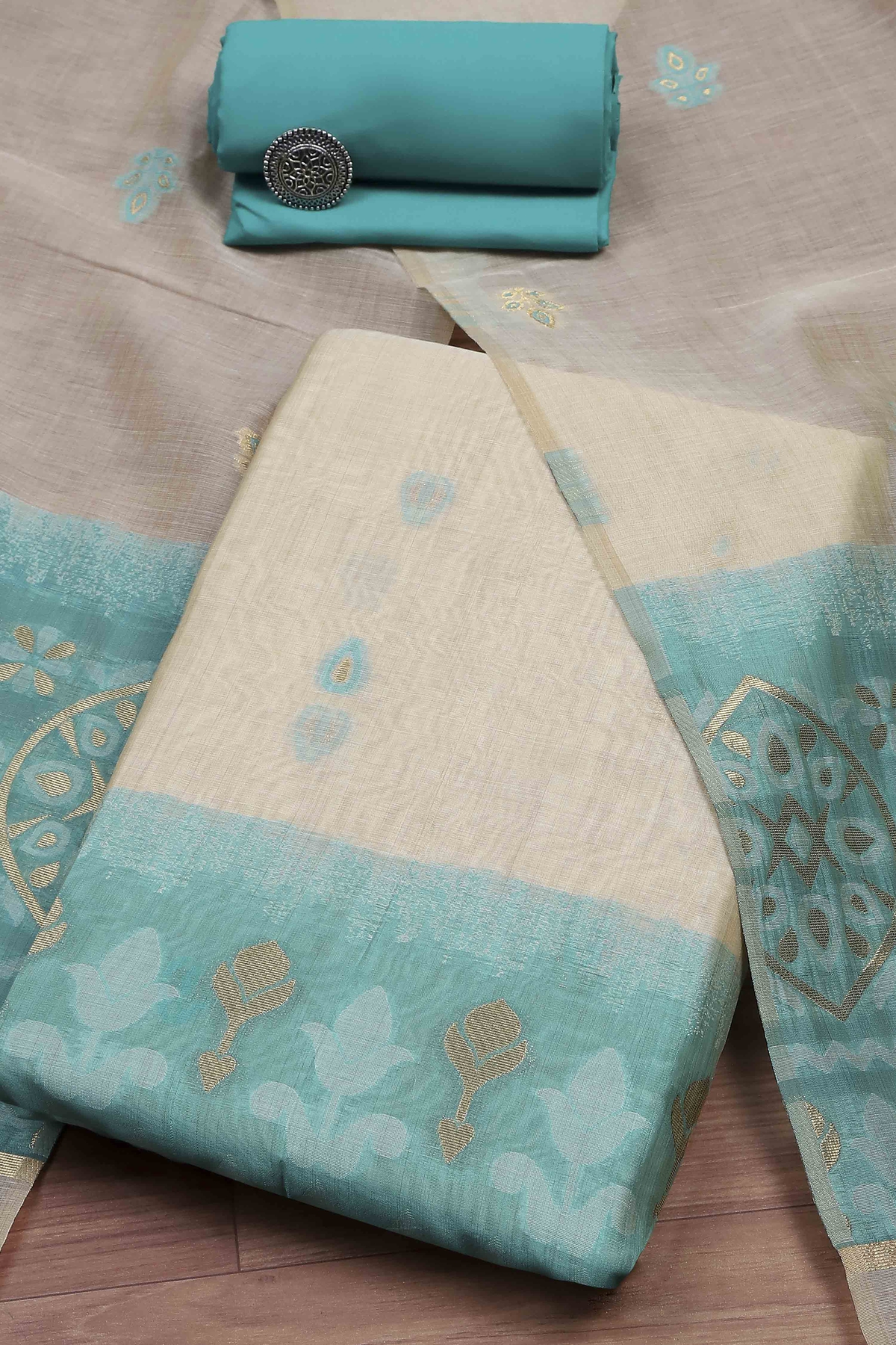 Aqua Cotton Printed Embroidered Unstitched Suit Set
