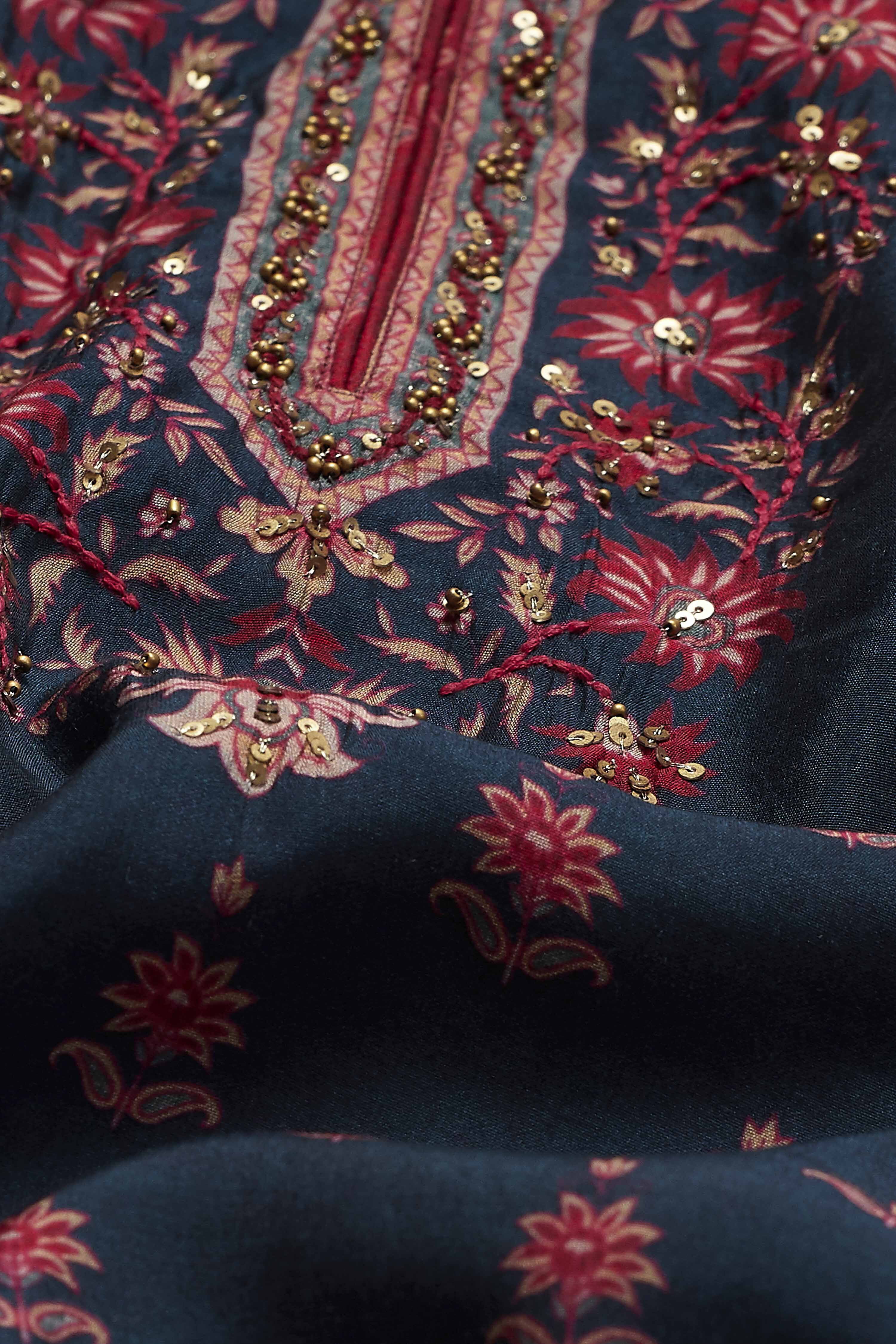 Maroon & Teal Printed Straight Cotton Silk Kurta Set image number 7