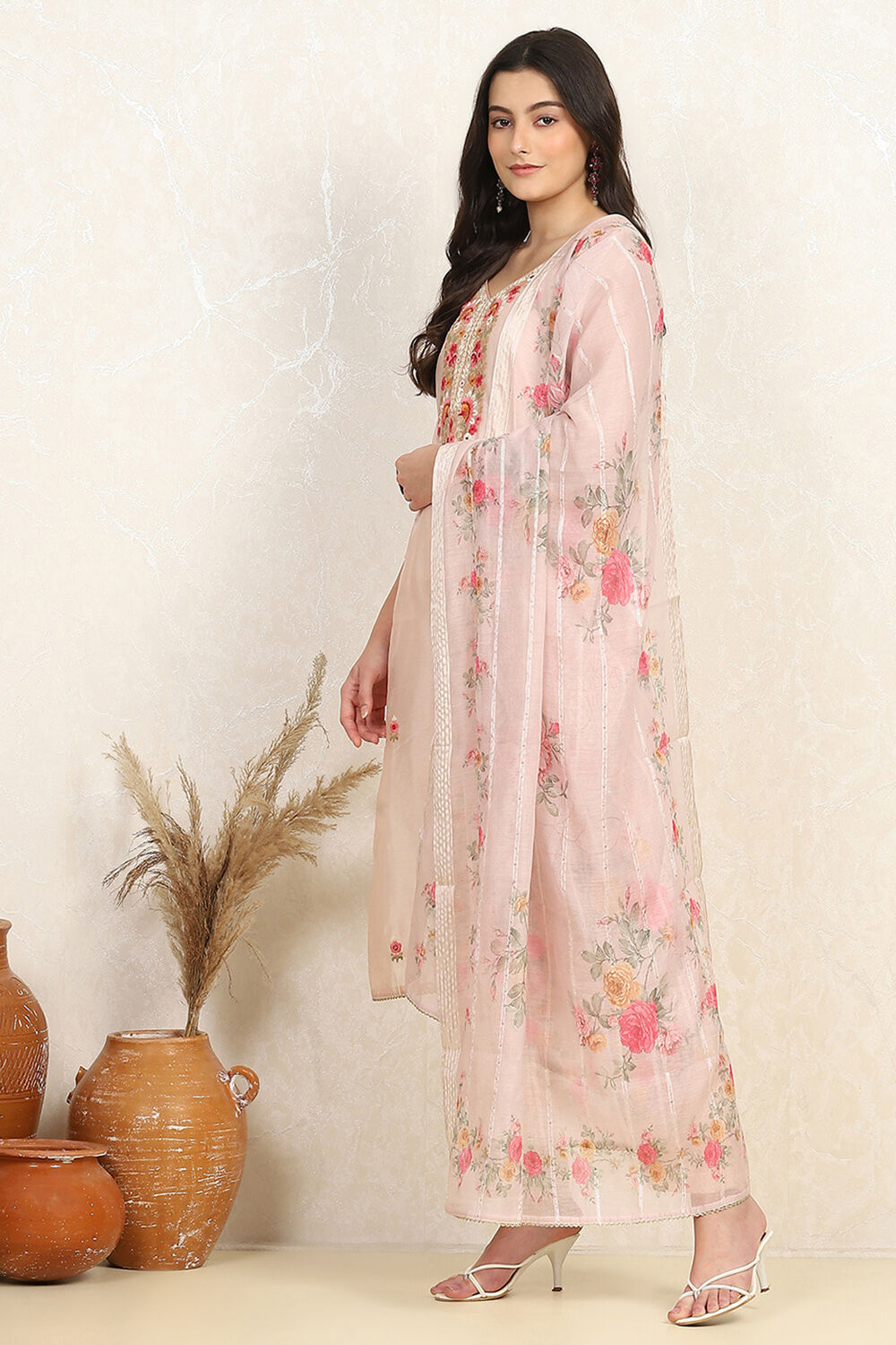 Off White Chanderi Machine Embroidered Unstitched Suit Set image number 4