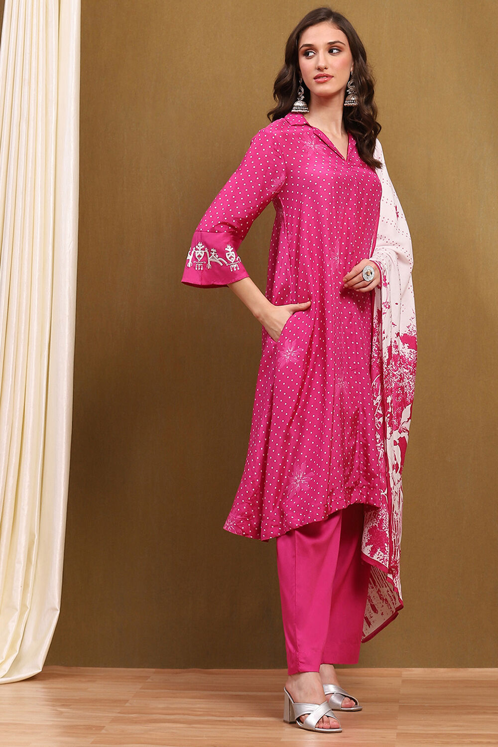 Yellow Bandhani Printed A-Line Suit Set image number 5