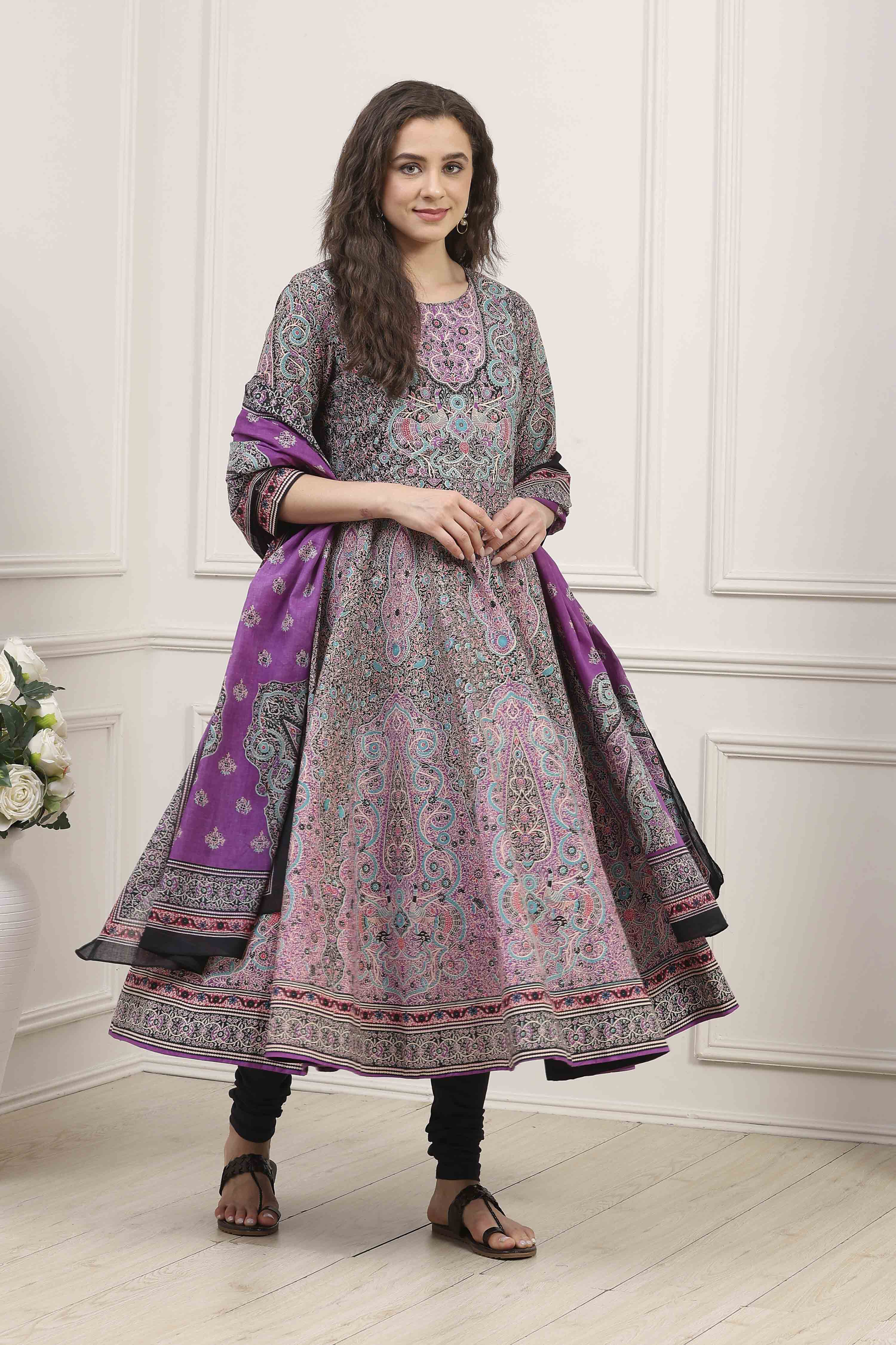 Purple Cotton Printed Anarkali Suit Set image number 7
