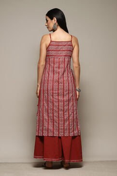 Red Cotton Straight Printed Kurta Sharara Suit Set image number 4
