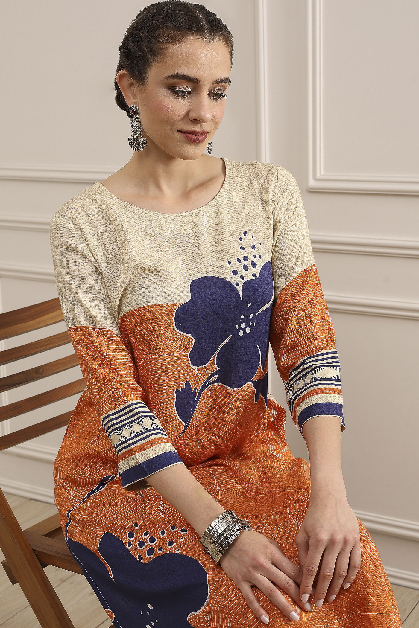 Orange Viscose Rayon Straight Printed Fusion Set image number 8