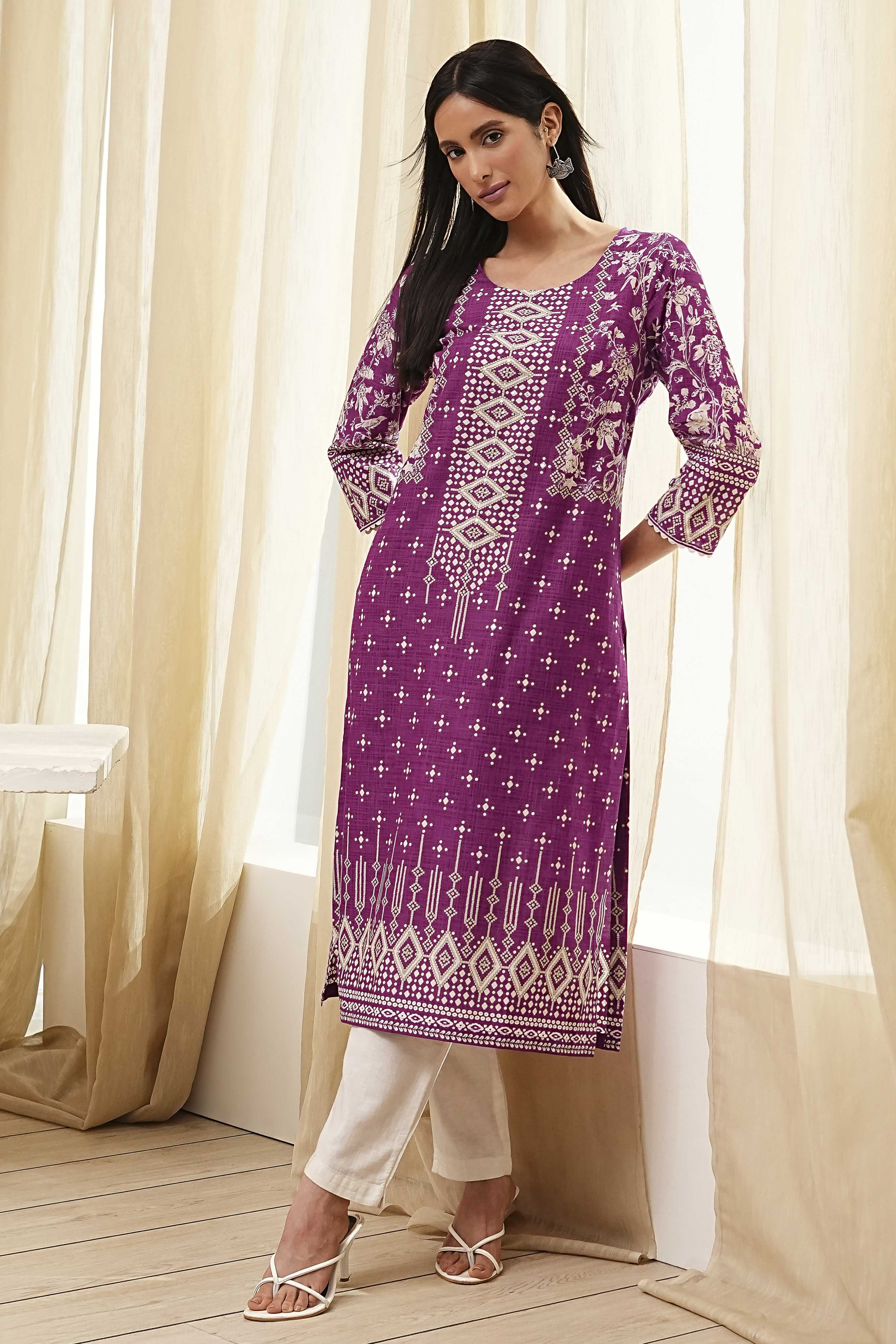 Purple Cotton Printed Straight Kurta image number 0
