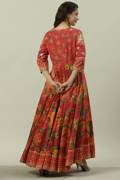 Red Cotton Flared Fusion Printed Dress image number 4
