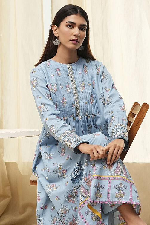 Dull Blue Cotton Flared Printed Kurta Set image number 7