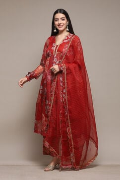 Red Polyester Anarkali Kurta Palazzo Suit Set image number 4