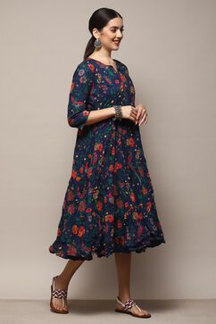 Teal Cotton Flared Printed Dress image number 4