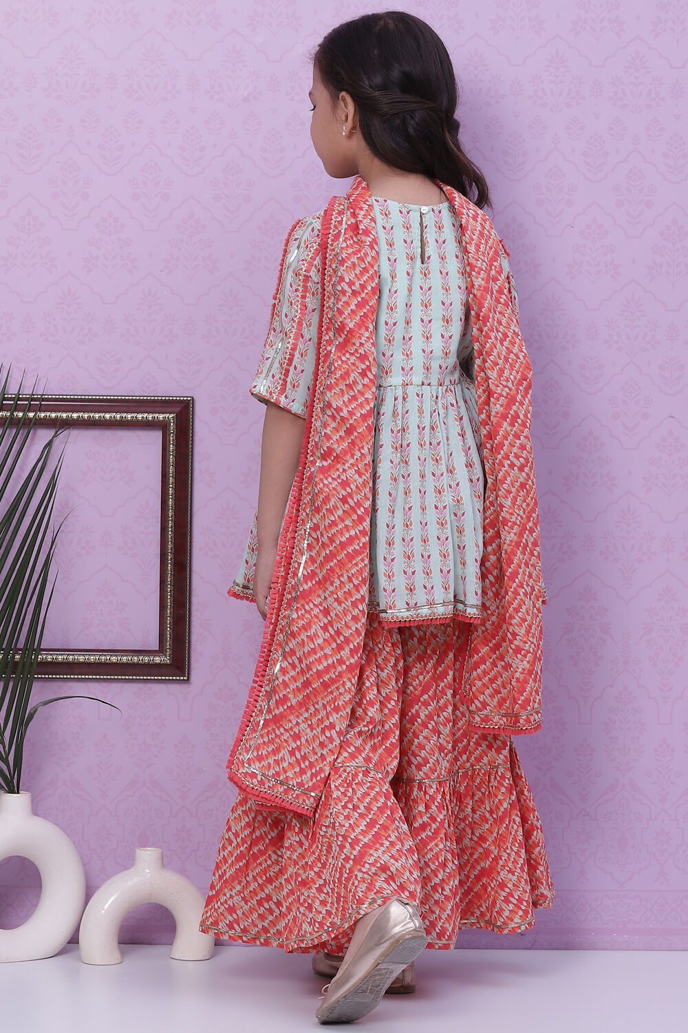 Aqua & Coral Cotton A-Line Kurta Garara Suit Set image number 4
