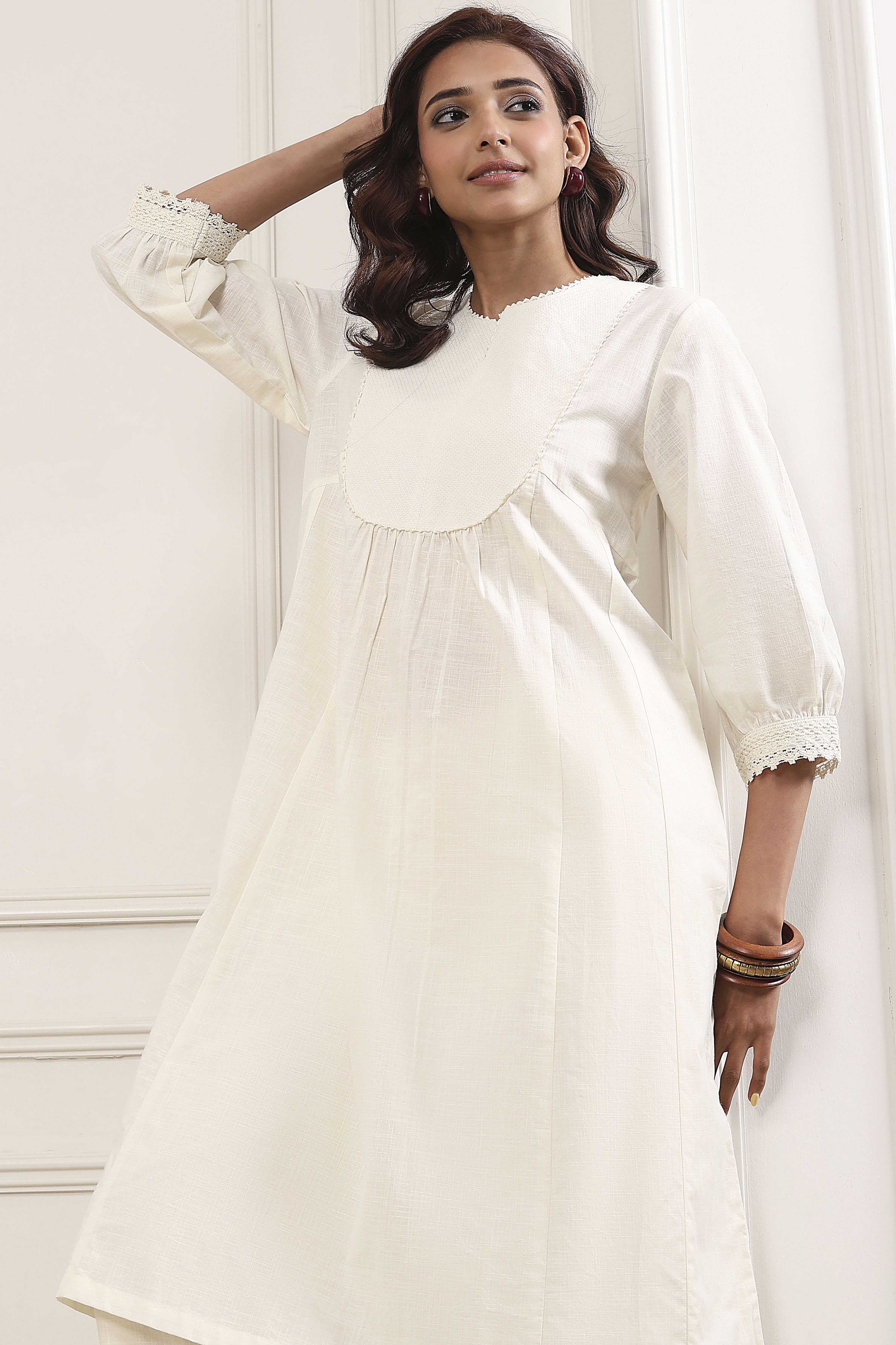 Off-White Cotton Solid A-Line Kurta image number 6