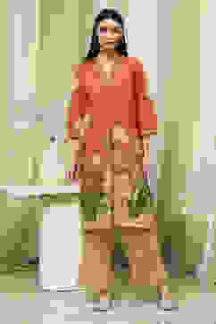 Orange Cotton Blend Schiffli Straight Kurta Set image number 6