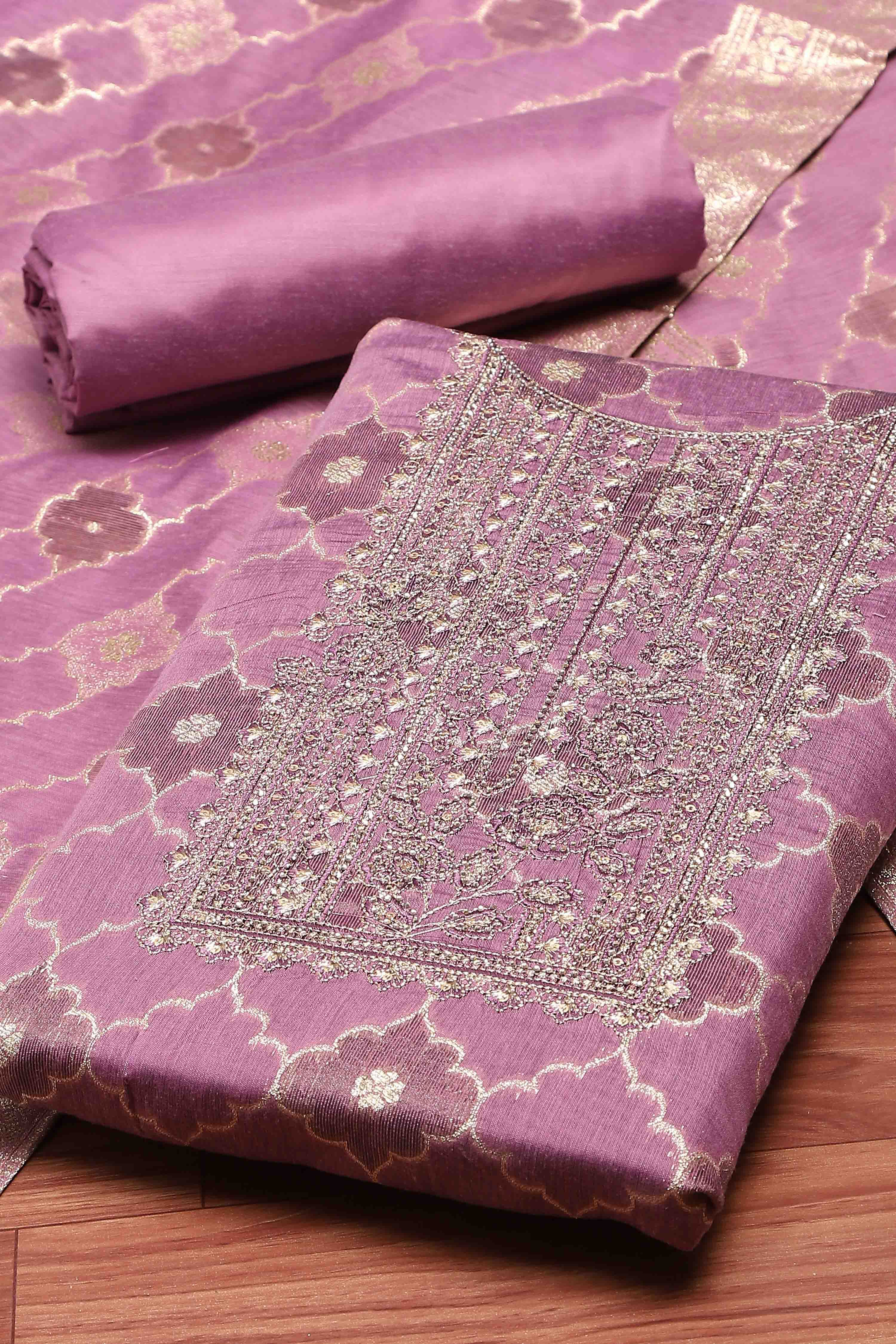 Lavender Tissue Chanderi Embroidered Unstitched Suit Set image number 1