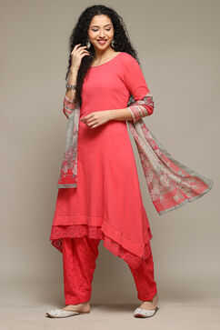 Romantic Pink Cotton A-Line Kurta Palazzo Suit Set image number 0