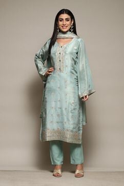 Turquoise Banarasi Silk Digital Print Unstitched Suit Set image number 8