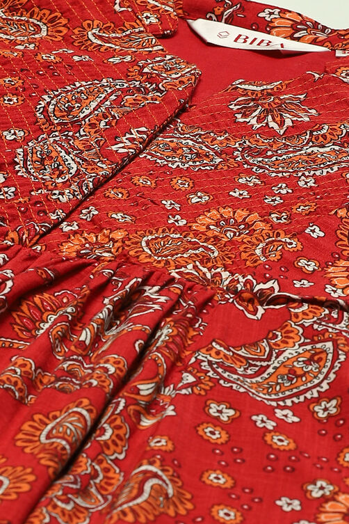 Red Rayon Flared Printed Kurti image number 1