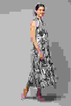 Navy Rayon Tiered Dress with Belt image number 3