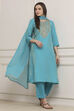 Turquoise Viscose Rayon Straight Suit Set