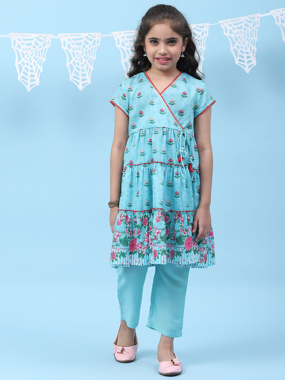 Turquoise Art Silk Straight Printed Kurta image number 0