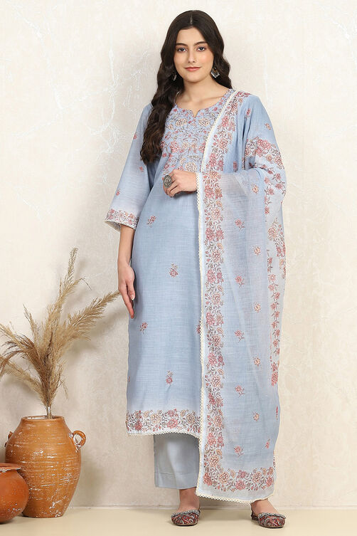 Sky Blue Linen Blend Unstitched Suit Set image number 7