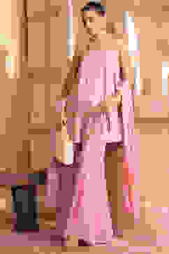 Baby Pink Poly Georgette Zari Embroidered Flared Suit Set image number 3