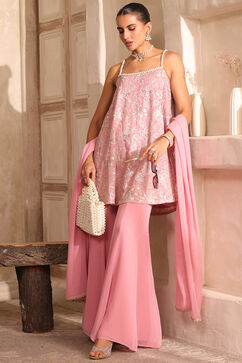 Baby Pink Poly Georgette Zari Embroidered Flared Suit Set image number 3
