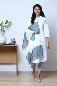 Off White And Blue Cotton Yarndyed Stole image number 0