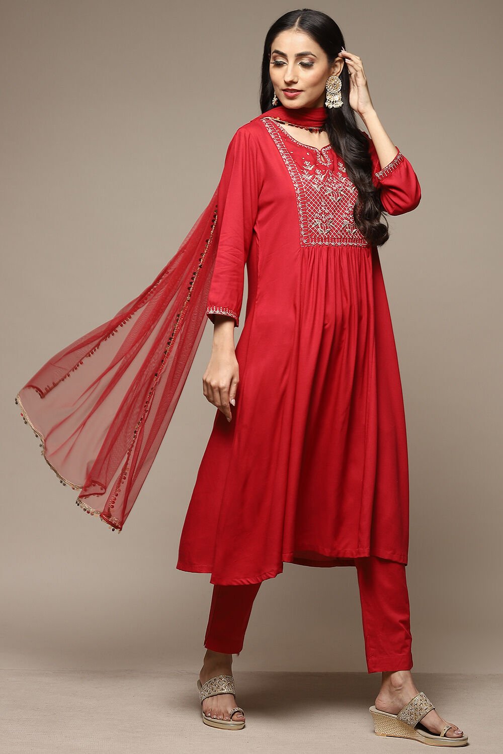 Red Rayon Gathered Kurta Pant Suit Set
