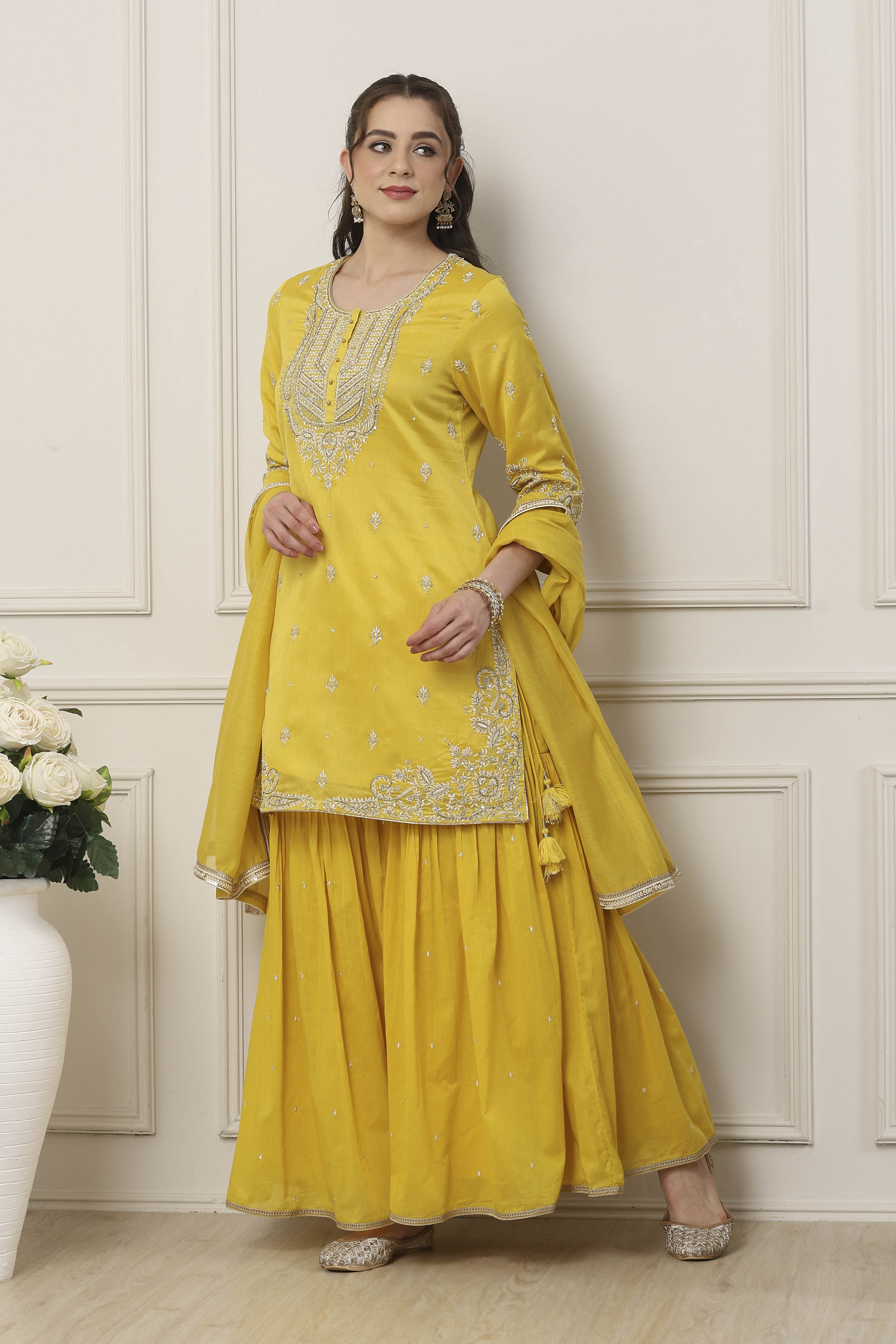 Yellow Silk Chanderi Sequin Embroidered Straight Suit Set image number 6