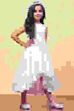 White Organza Embellished Asymmetric Flared Dress image number 4