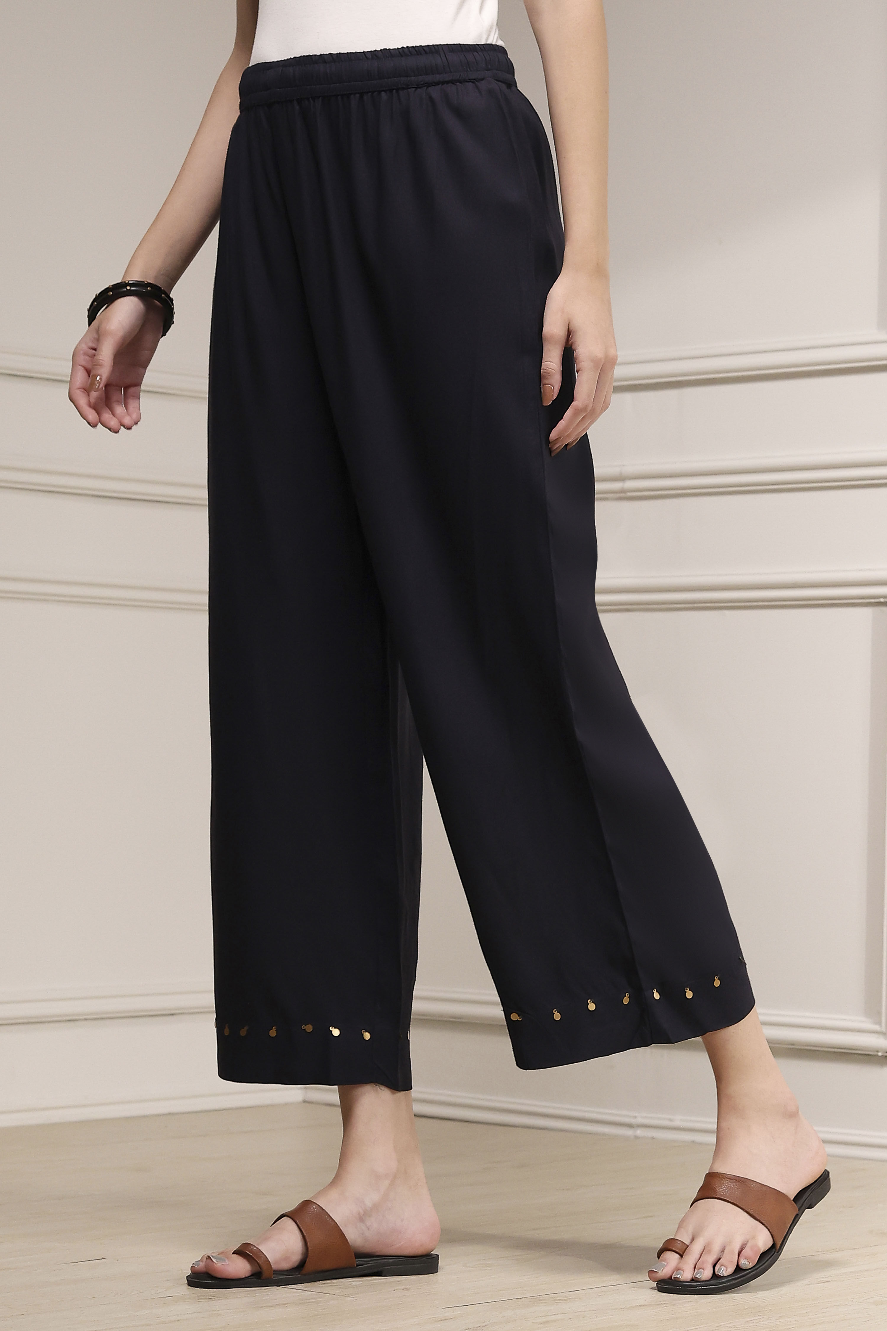 Charcoal Viscose Rayon Straight Solid Palazzo Pants image number 2