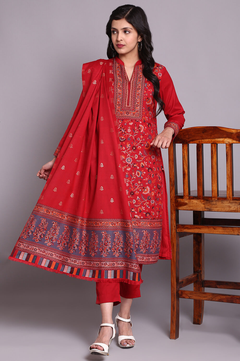 Red Woolen A Line Kurta Slim Pant Suit Set at Biba India