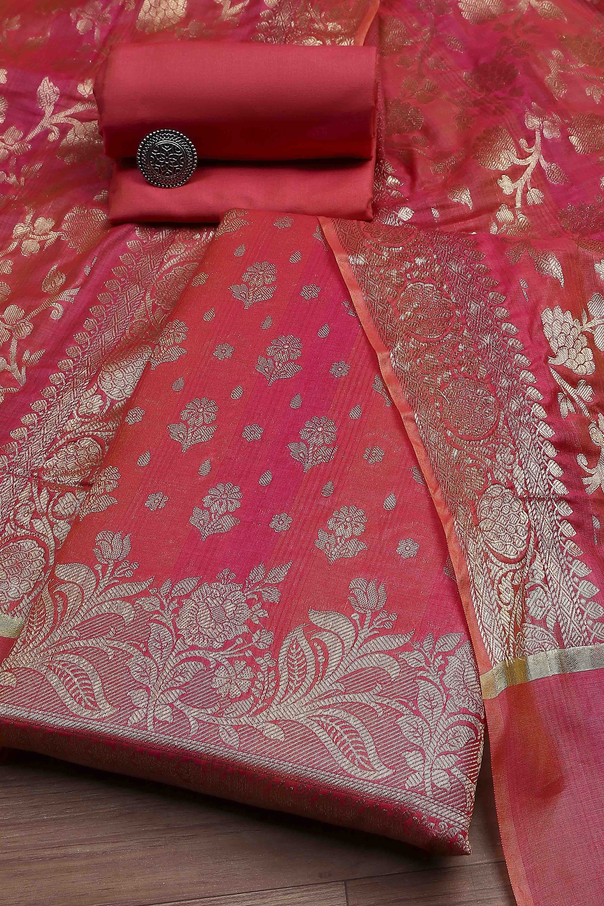 Pink Cotton Printed Embroidered Unstitched Suit Set