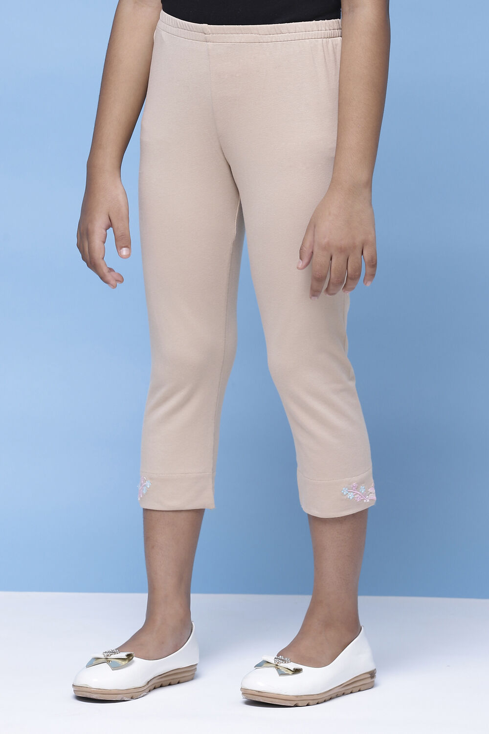 Light Brown Cotton Lycra Capris at Biba India