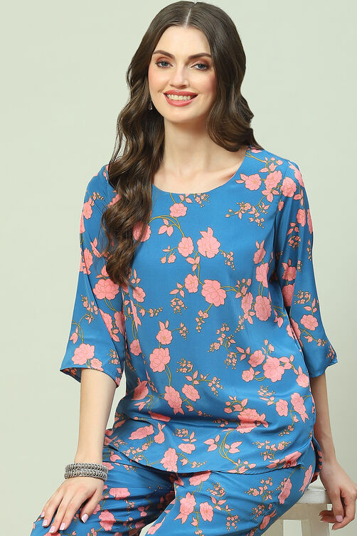 Blue Printed Straight Kurta Palazzo Suit Set image number 2