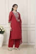 Red Poly Chanderi Yoke Embroidered Straight Suit Set image number 5