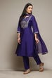 Pink & Purple Poly Cotton Straight Embroidery Kurta Slim Pant Suit Set image number 3