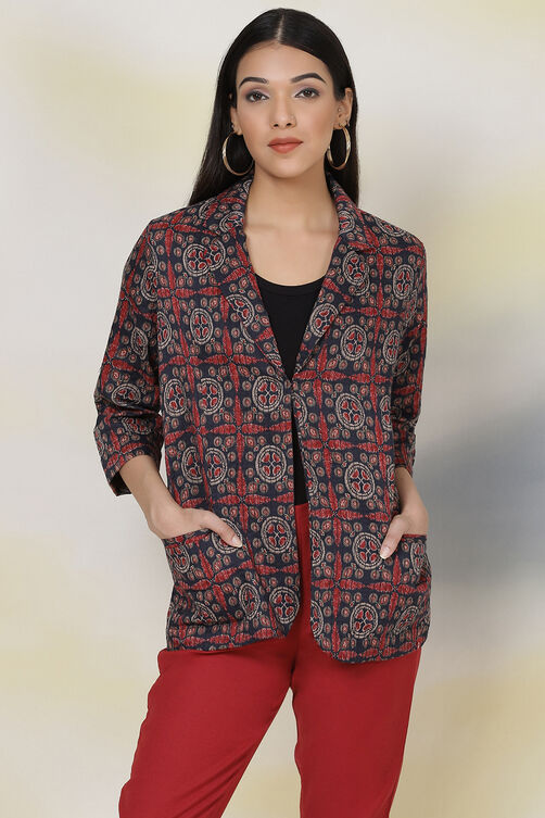 Blue Straight Art Silk Printed Jacket image number 3
