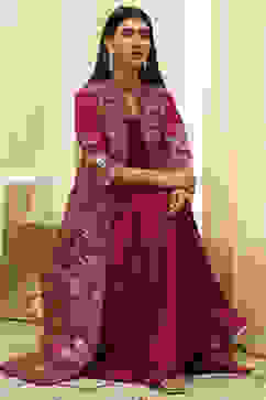 Plum Art Silk Flared with Cape Printed Dress image number 0