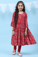 Red Rayon Tiered Printed Kurta image number 0